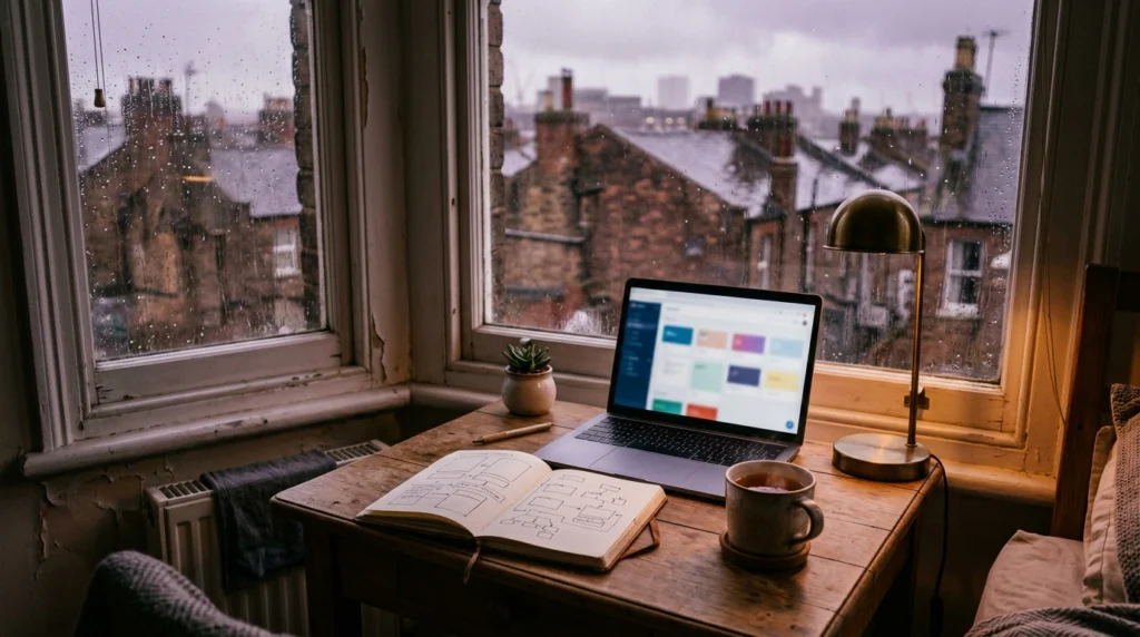 Bureau de freelance dans un petit appartement à Londres, ordinateur ouvert, au début de la vente de services sur 5euros.com