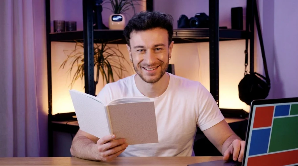 Charles-Edward, guide à la main, crée un site avec WordPress
