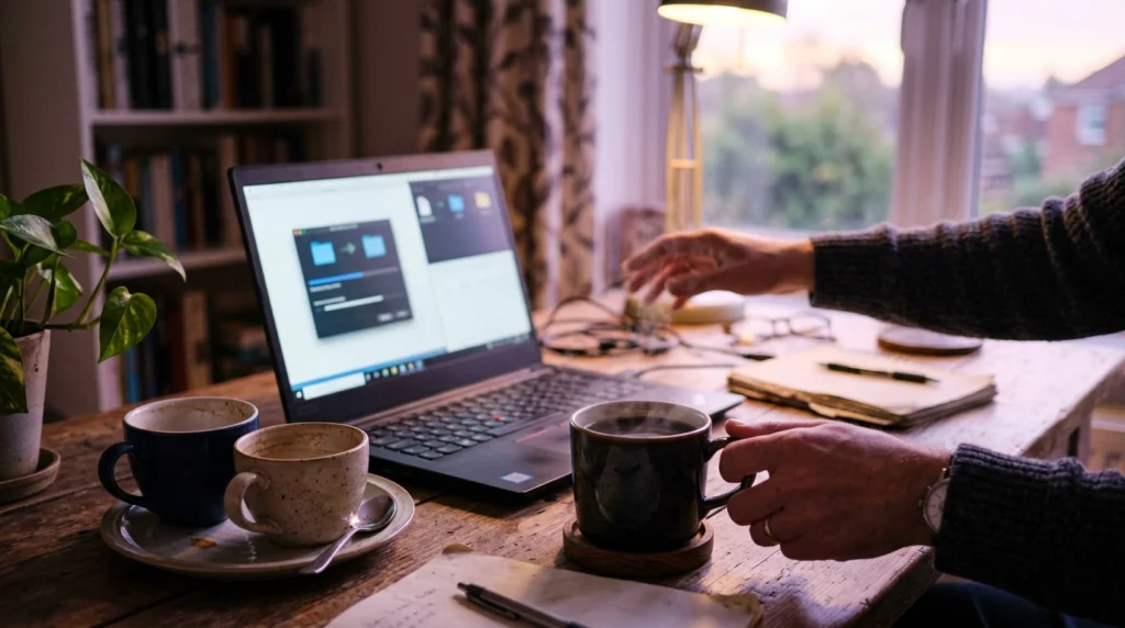 Tasses de café vides à côté d'un ordinateur affichant un transfert FTP en cours pendant le déplacement d'un site WordPress