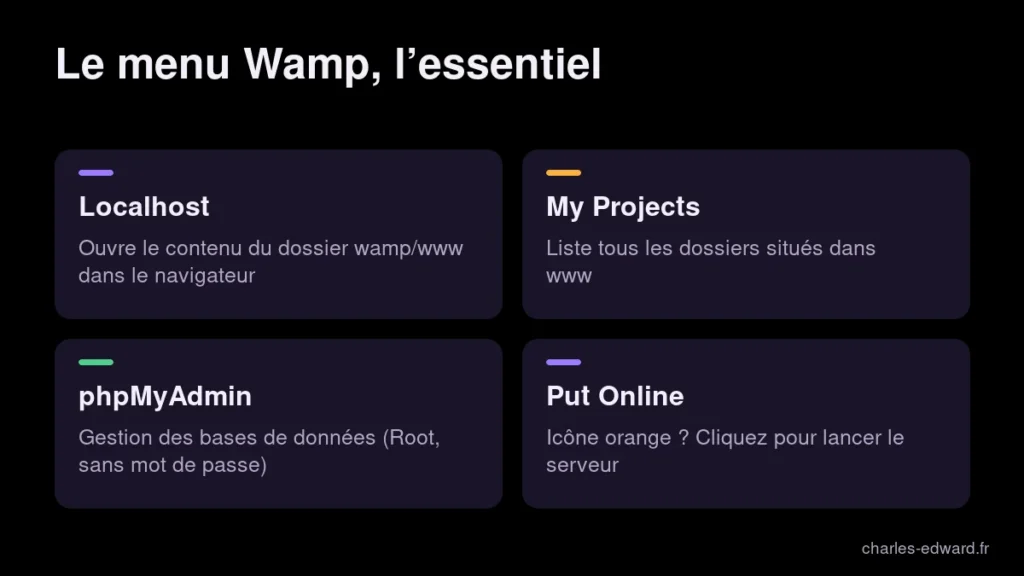 Les fonctions utiles du menu Wamp pour héberger votre site sur votre ordinateur : Localhost, phpMyAdmin, Put Online