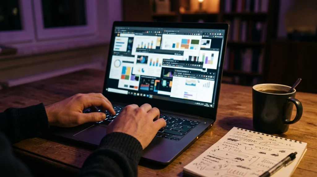 Mains sur un clavier devant un écran rempli d'onglets et un bloc-notes, l'analyse SEO manuelle avant d'utiliser Semrush