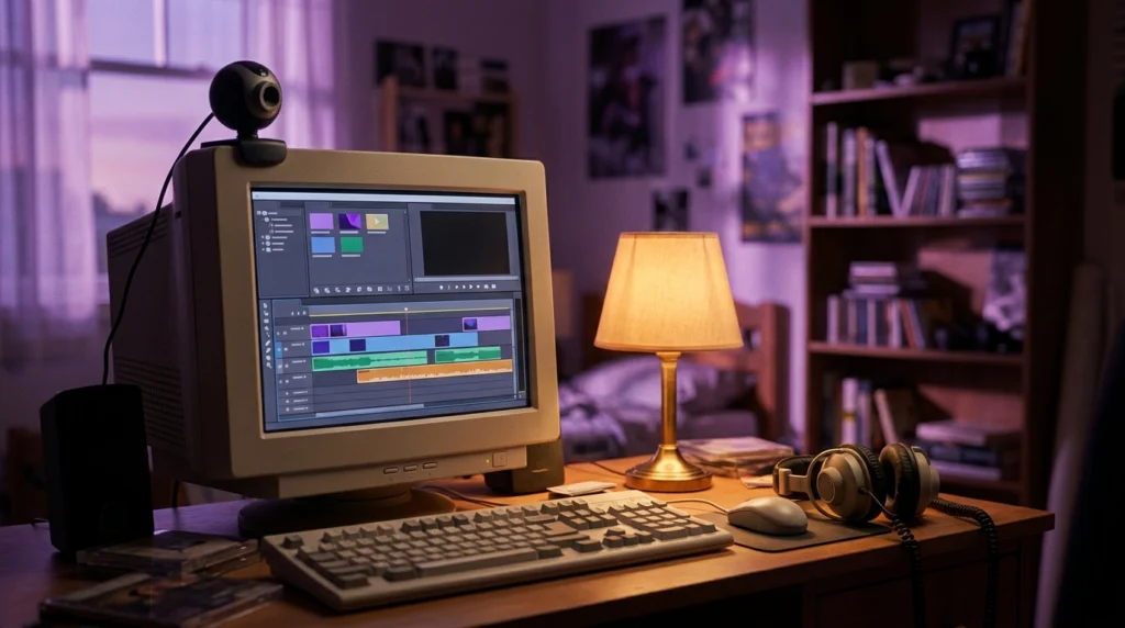 Ancien poste informatique dans une chambre avec une timeline à l'écran, mes débuts sur un logiciel de montage vidéo vers 2010