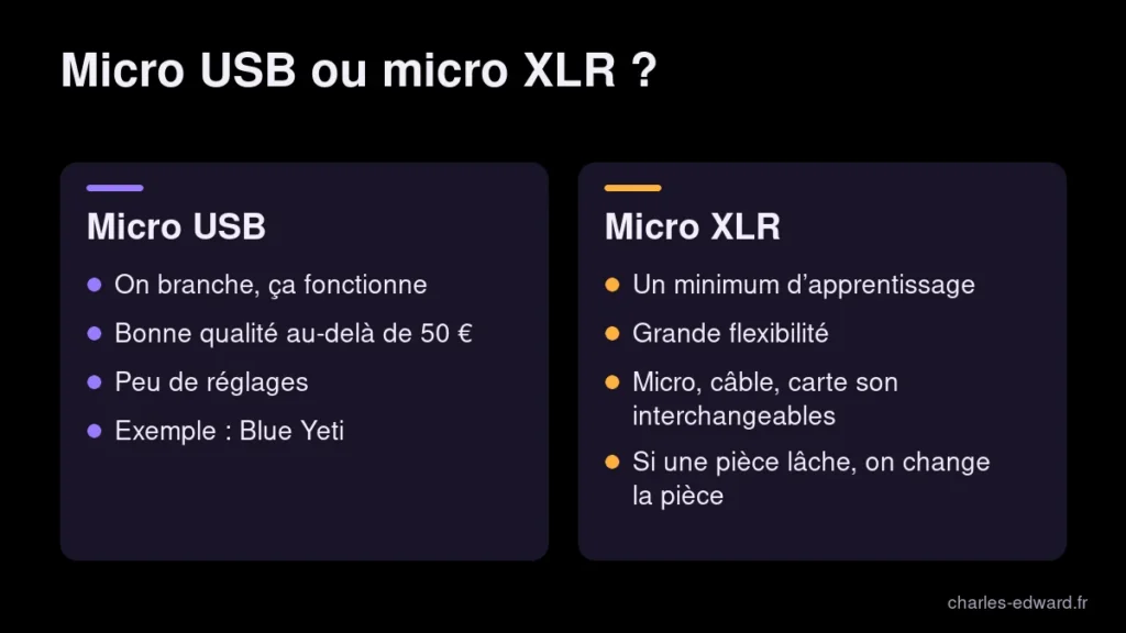 Comparatif micro USB ou micro XLR pour débuter : simplicité de branchement contre flexibilité du matériel