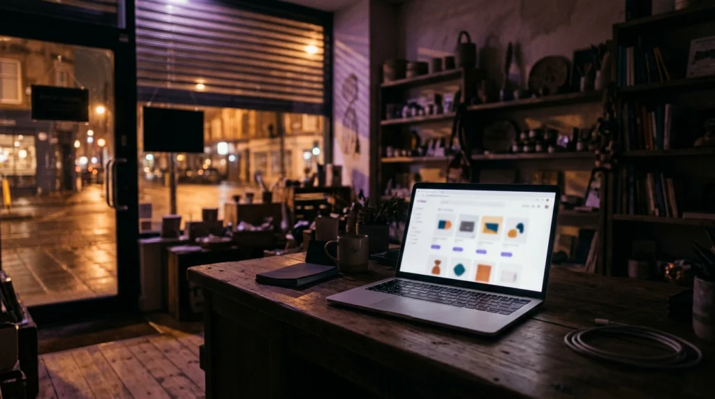 Boutique fermée la nuit avec un ordinateur allumé sur le comptoir : le site internet d'une entreprise reste ouvert 24h/24