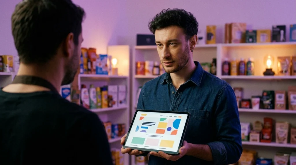 Charles-Edward présente un site internet à une commerçante dans sa boutique