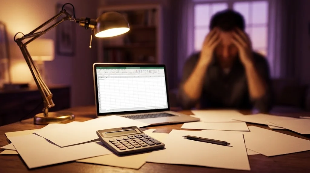 Bureau en désordre avec factures papier, calculatrice et ordinateur, la galère de la facturation freelance avant Freebe