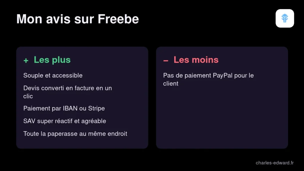 Points forts et point faible de Freebe, le logiciel de facturation freelance que j'utilise pour mes devis et factures
