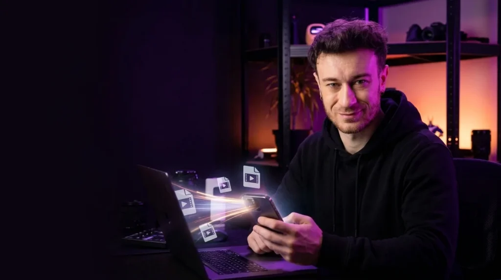 Charles-Edward envoie des fichiers vidéo par un simple lien WeTransfer depuis son ordinateur vers son smartphone