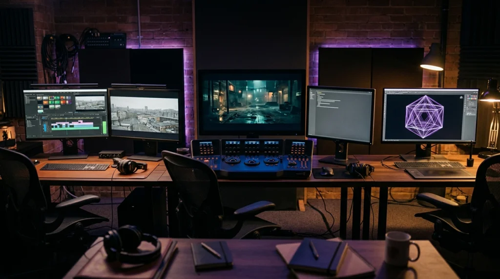 Studio de post-production sombre avec plusieurs postes : montage, étalonnage et 3D, illustrant le travail d'équipe d'un clip
