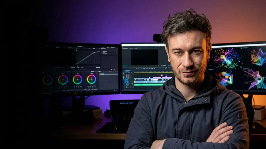 Charles-Edward dans une salle de montage devant les écrans de post-production d’un clip : timeline, étalonnage et effets visuels