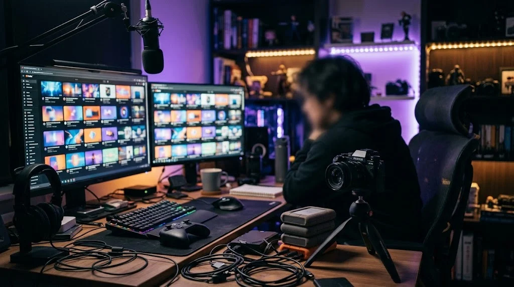 Bureau de créateur encombré la nuit avec manette, caméra et deux écrans, avant de déléguer un trailer sur Fiverr pour tester