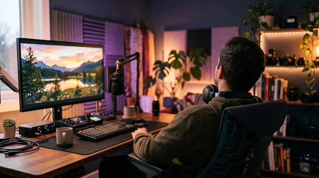 Créateur détendu vu de dos regardant son trailer terminé sur grand écran, pour illustrer mon avis sur Fiverr côté acheteur
