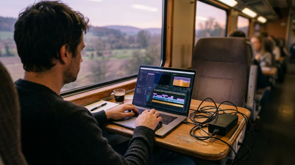 Monteur vidéo freelance travaillant sur un ordinateur portable dans un train, le contexte qui l’a poussé vers le MacBook M1