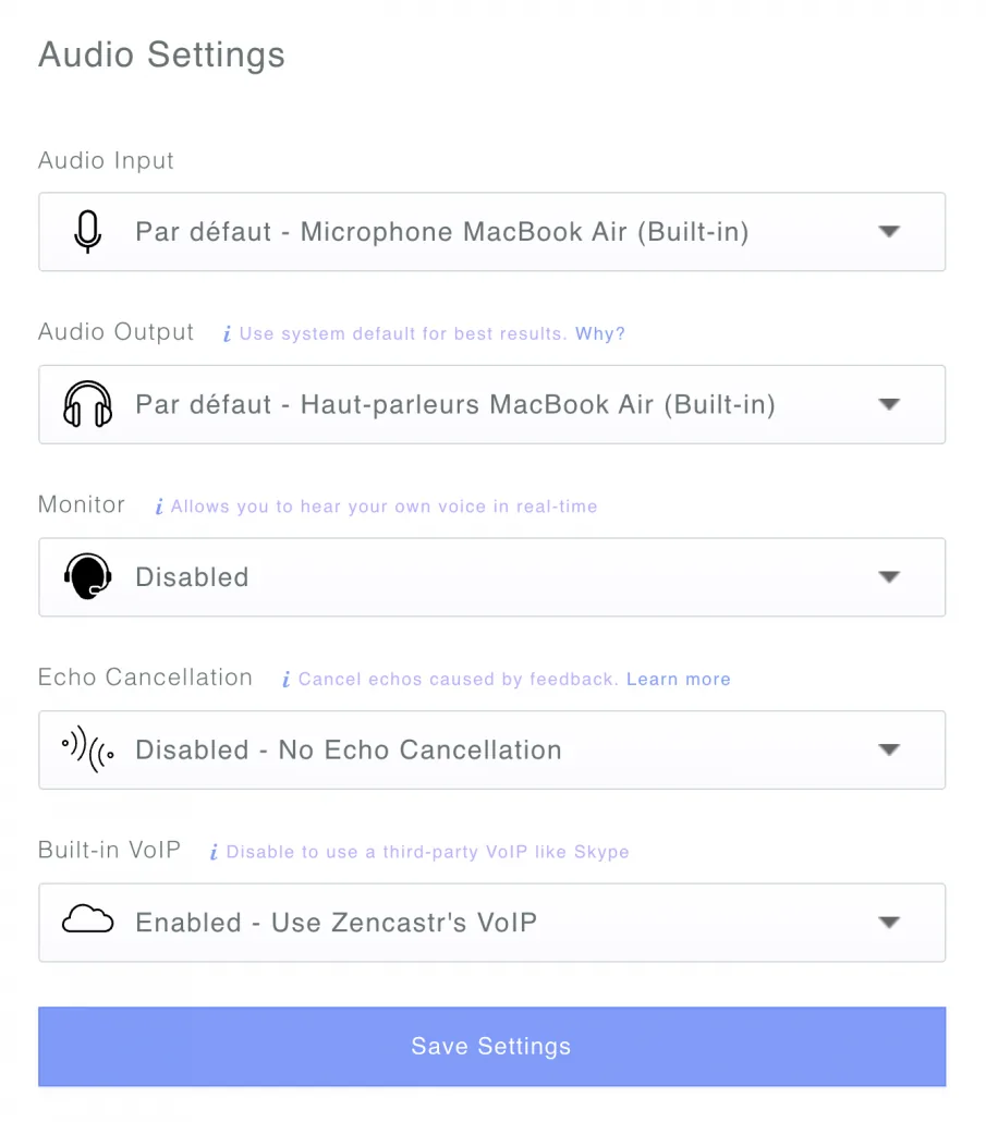 Retour audio et périphériques sur Zencastr