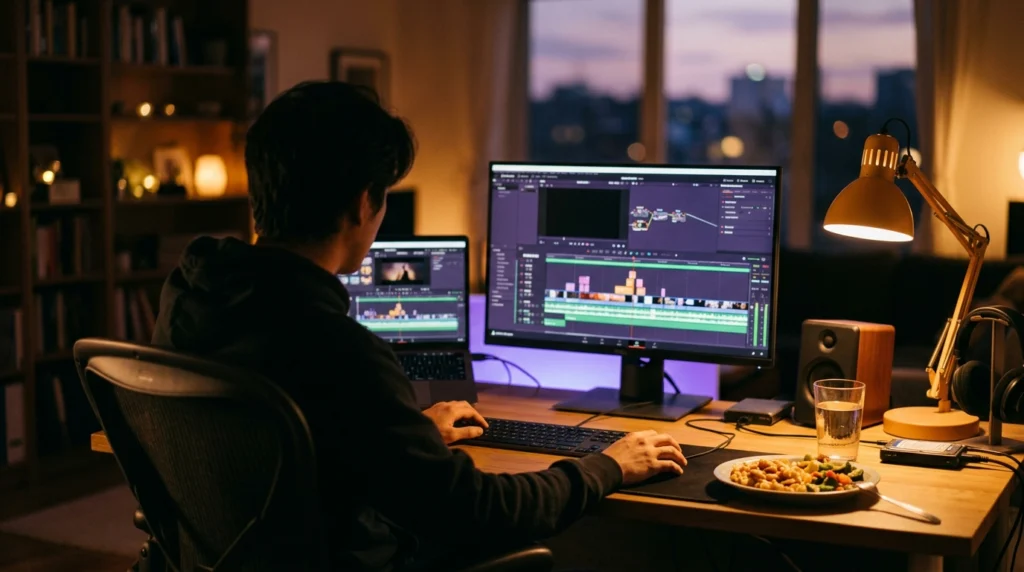 Monteur vidéo absorbé la nuit, assiette oubliée près du clavier : choisir un service que l'on aime sur ComeUp
