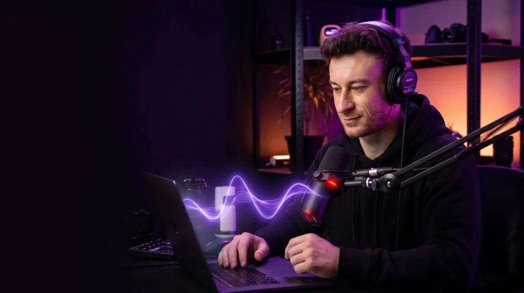 Charles-Edward au casque enregistre le son de son Mac, une onde sonore passe de l’ordinateur au micro