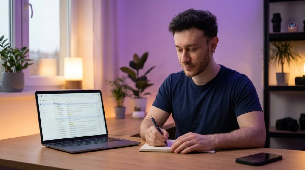 Charles-Edward travaille concentré, son téléphone retourné au bord du bureau