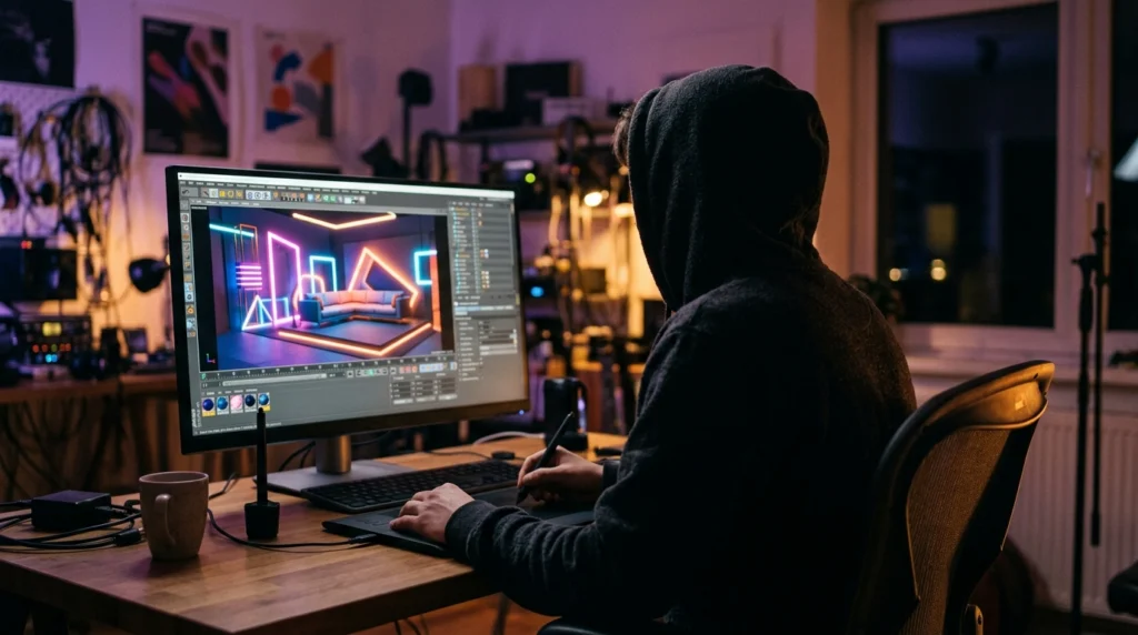 Artiste 3D de dos travaillant sur un décor virtuel à l'écran, illustrant la question du travail pour de la visibilité