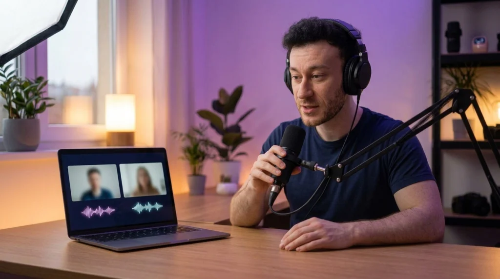Charles-Edward enregistre un podcast à distance avec casque et micro