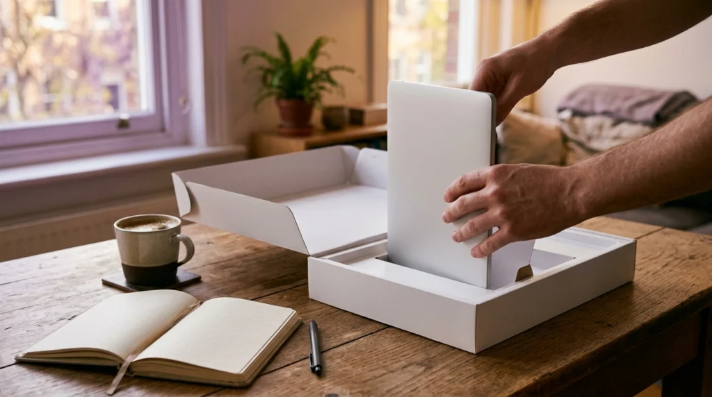 Mains qui sortent un ordinateur portable fin et argenté de sa boîte sur un bureau en bois, à l'arrivée du MacBook Air M1