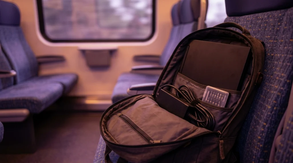 Sac à dos ouvert avec un PC portable épais, son gros chargeur et une boîte de tournevis, avant le MacBook Air M1