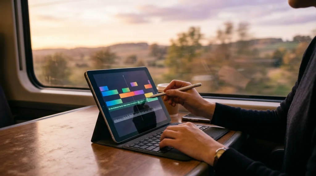 Tablette détachable avec clavier et stylet sur la tablette d'un train, comme la Surface Pro 7 testée pour le montage vidéo