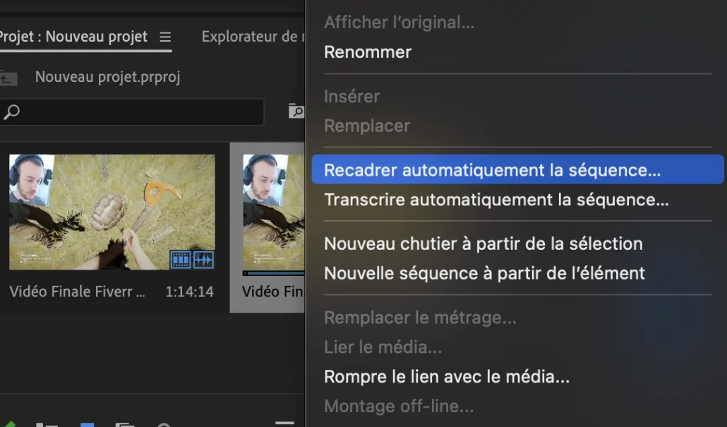 Menu « Recadrer automatiquement la séquence » dans le panneau projet