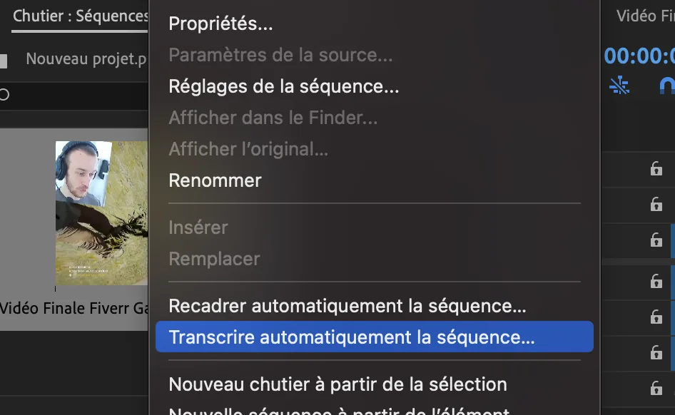 Clic droit sur la séquence : « Transcrire automatiquement la séquence »