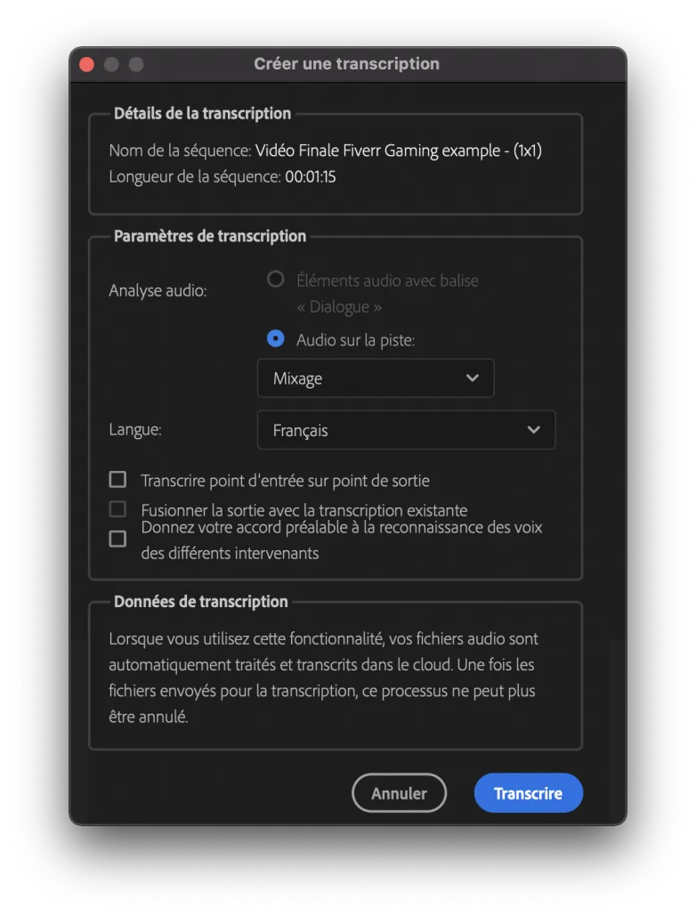 Fenêtre de transcription automatique de Premiere Pro