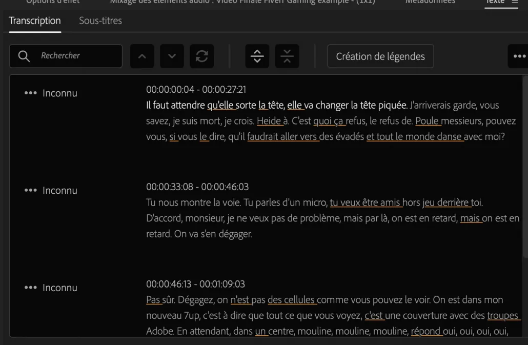 Le texte transcrit par Premiere Pro et le bouton « Création de légendes »