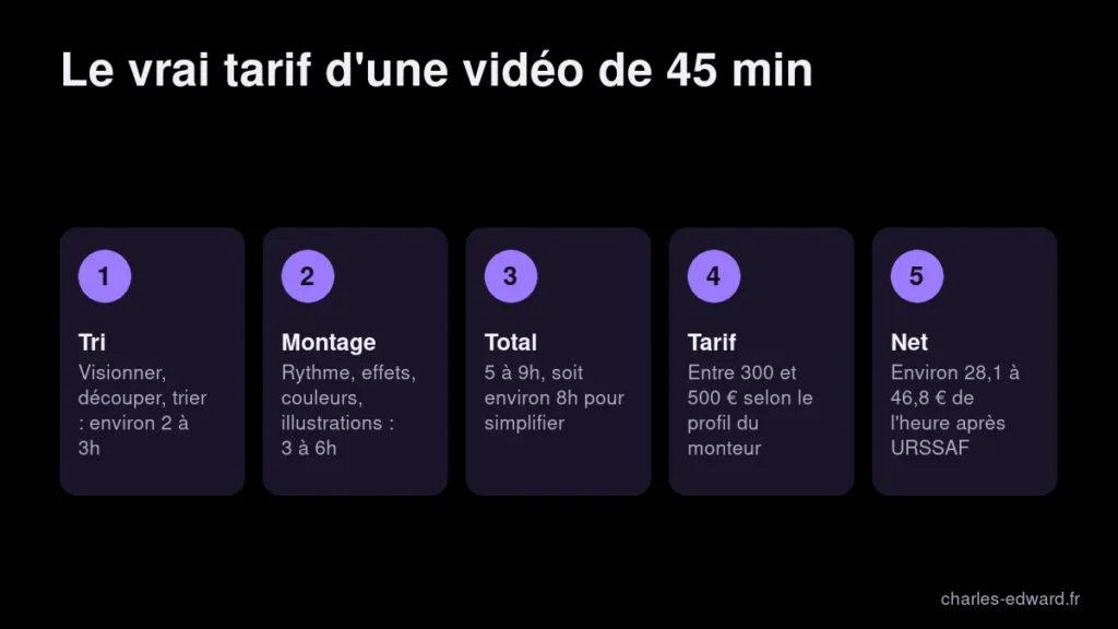 Étapes du calcul du tarif d'un montage vidéo : tri, montage, temps total de 5 à 9h et prix final de 300 à 500 €