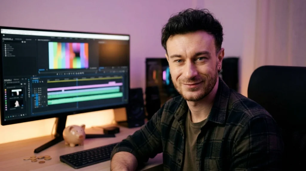 Charles-Edward, monteur vidéo freelance, souriant à son bureau de montage avec une tirelire : payer son montage vidéo moins cher