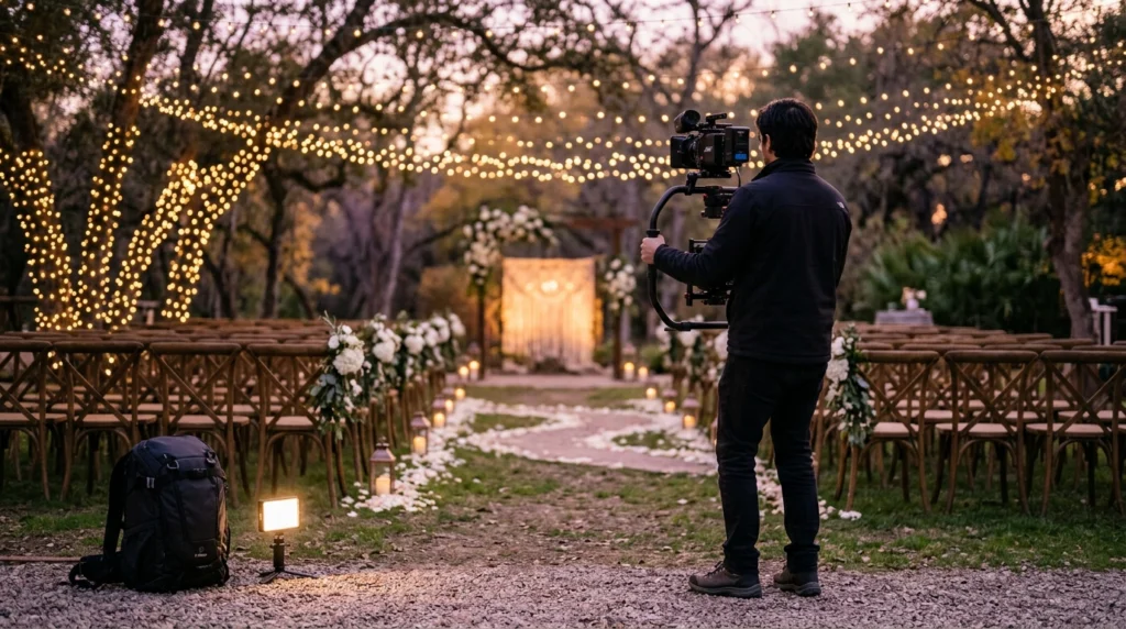 Vidéaste de dos avec sa caméra dans une salle décorée avant la cérémonie, le tournage d'une vidéo de mariage