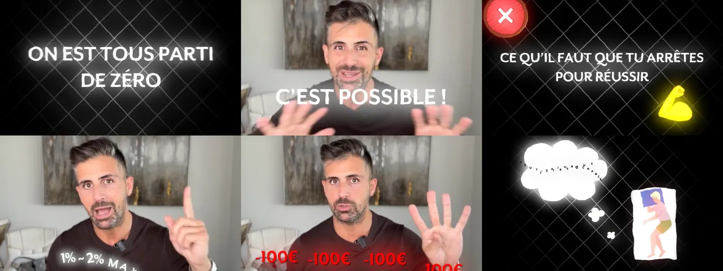 Six images du montage YouTube de Paul Suissa : cartons blancs lumineux sur fond noir à losanges, textes animés sur la facecam, montants en rouge