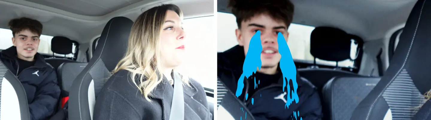 Avant/après montage : Lylian dans la voiture, rush brut à gauche, version finale avec les larmes de dessin animé à droite
