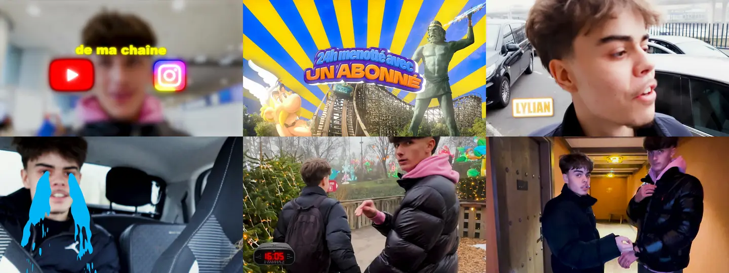 Six images du montage YouTube de Kyllian Benard : sous-titres jaunes, générique, étiquette de prénom, larmes animées, horloge et citation à l’écran
