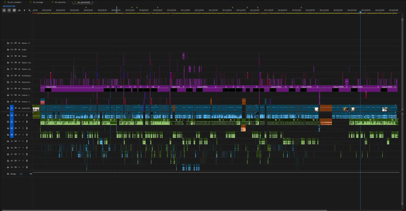 Timeline Premiere Pro du premier vlog YouTube de Kyllian Benard : 11 pistes vidéo et 9 pistes audio