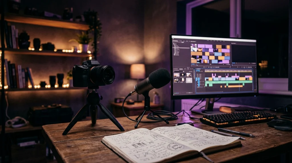 Bureau de créateur amateur pour débuter une chaîne YouTube : caméra, micro et écran de montage sous une lumière tamisée
