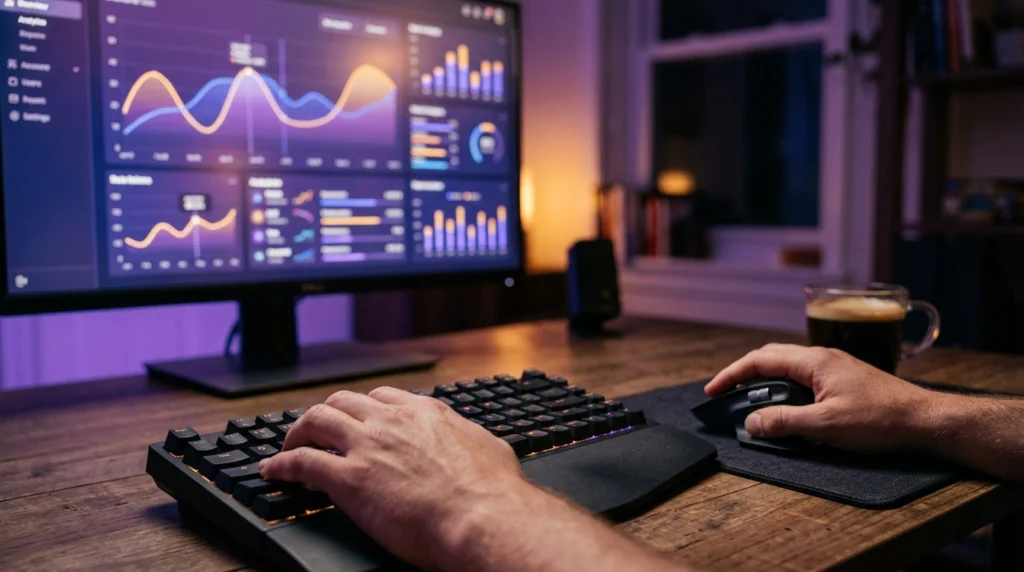 Mains sur un clavier devant des courbes de statistiques abstraites pour analyser la rétention d’une chaîne YouTube