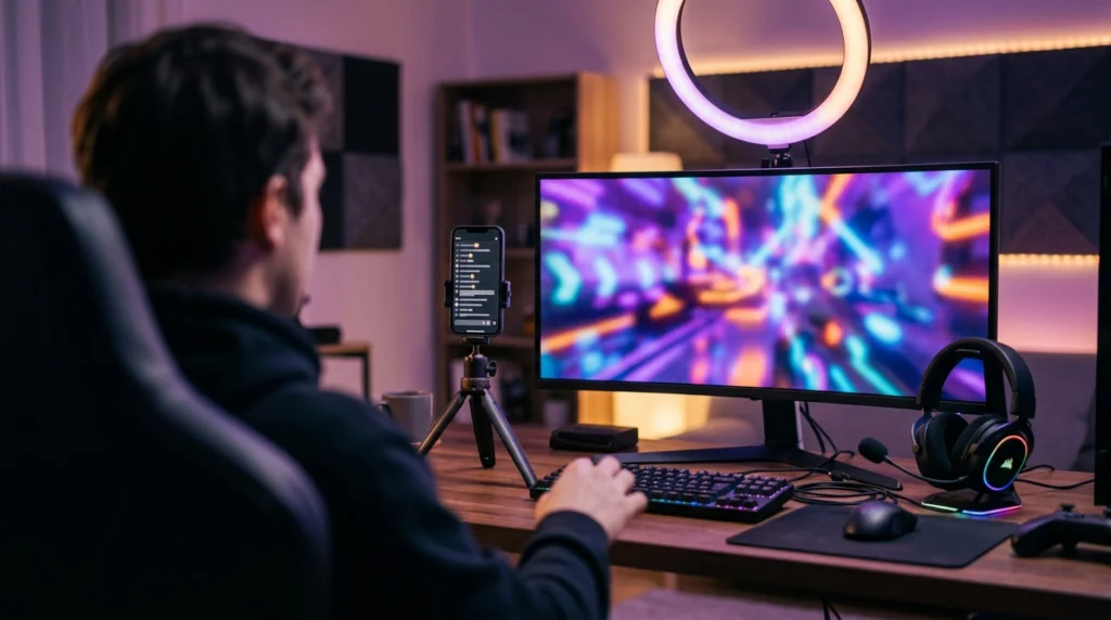 Installation de live multi-stream pour une chaîne YouTube : smartphone vertical sur trépied et écran horizontal de jeu