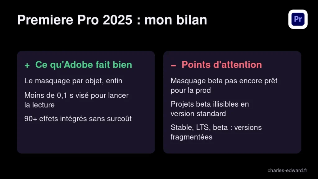Avis sur Premiere Pro 2025 : points forts comme le masquage par objet et points d'attention sur la version beta