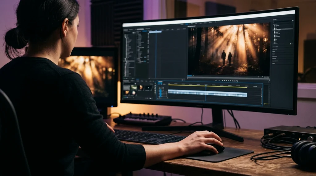 Monteur appliquant des transitions lumineuses et des halos sur une timeline, nouveaux effets de Premiere Pro 2025