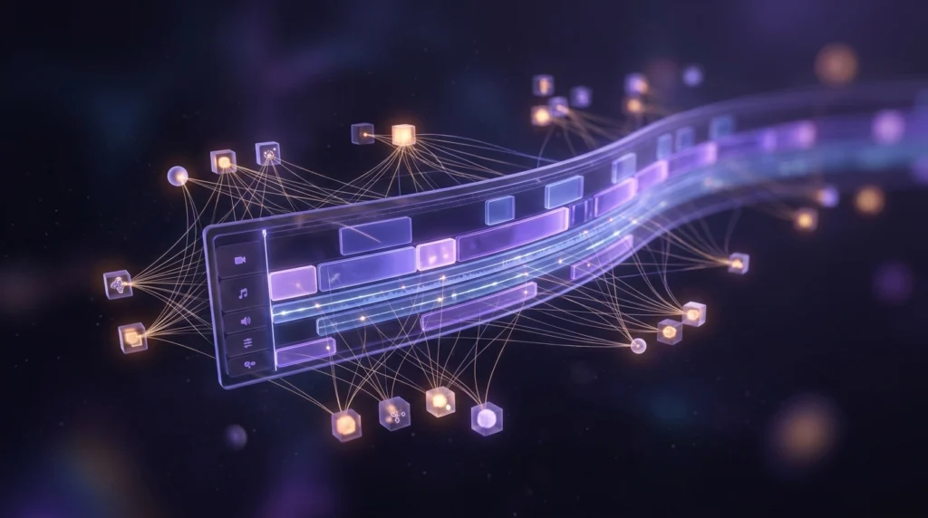 Illustration 3D d'une timeline de montage entourée de modules lumineux, les futures fonctions IA de Premiere Pro 2025