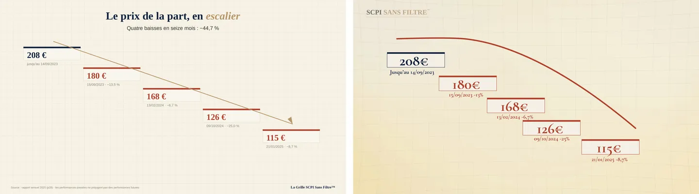Avant/après motion design : visuel de référence de l’escalier des prix de la SCPI à gauche, version recréée et animée dans After Effects à droite