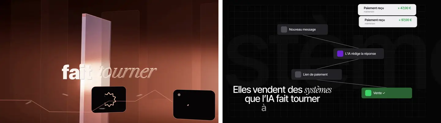Comparaison : texte sur fond cuivré dans le brouillon, schéma animé d’un système automatisé dans la version finale