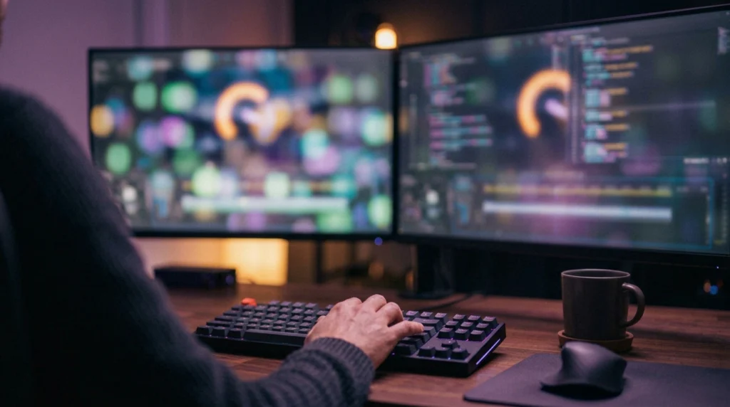 Bureau de monteur vidéo avec un terminal Claude Code à gauche et la preview d'une jauge circulaire animée à droite
