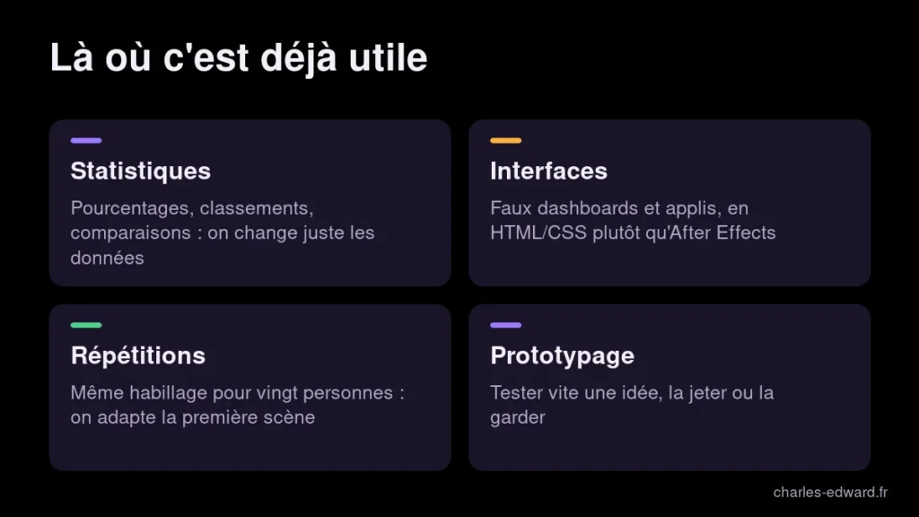 Quatre usages où Claude Code et HyperFrames sont déjà utiles en montage vidéo : graphiques, interfaces, prototypes