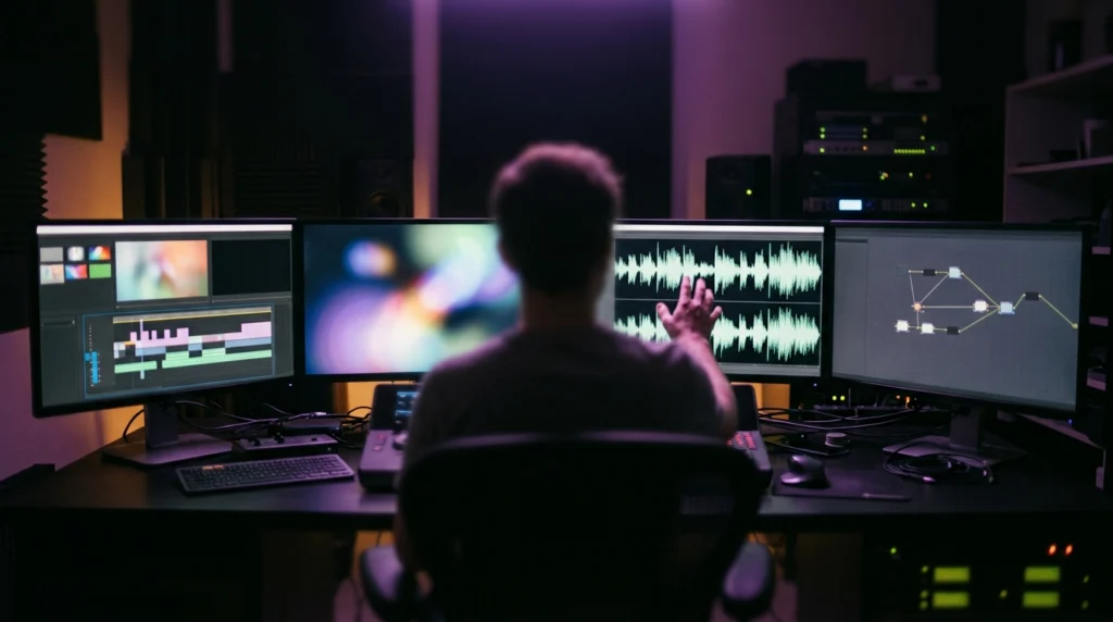 Monteur vidéo de dos entouré de plusieurs écrans, pilotant des outils d'IA et Premiere Pro comme un chef d'orchestre