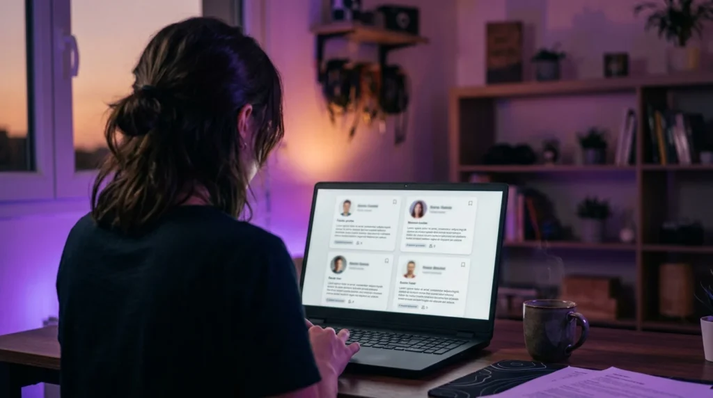 Personne qui compare des profils de freelances sur son ordinateur portable