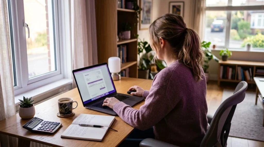 Freelance qui prépare une facture sur son ordinateur portable